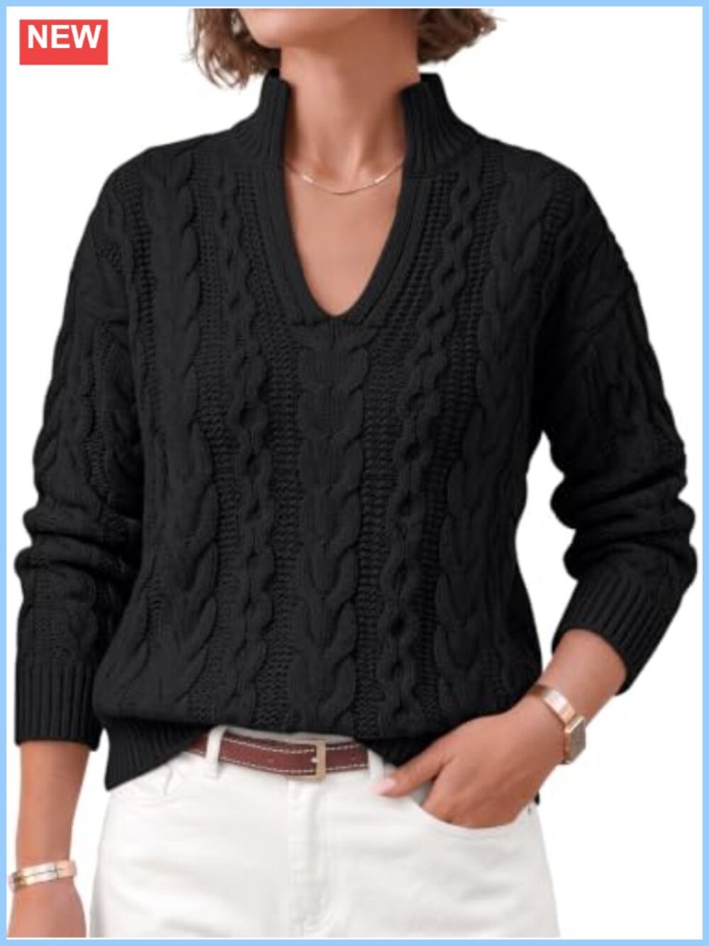Split Mock Neck Cable Knit Pullover Sweater